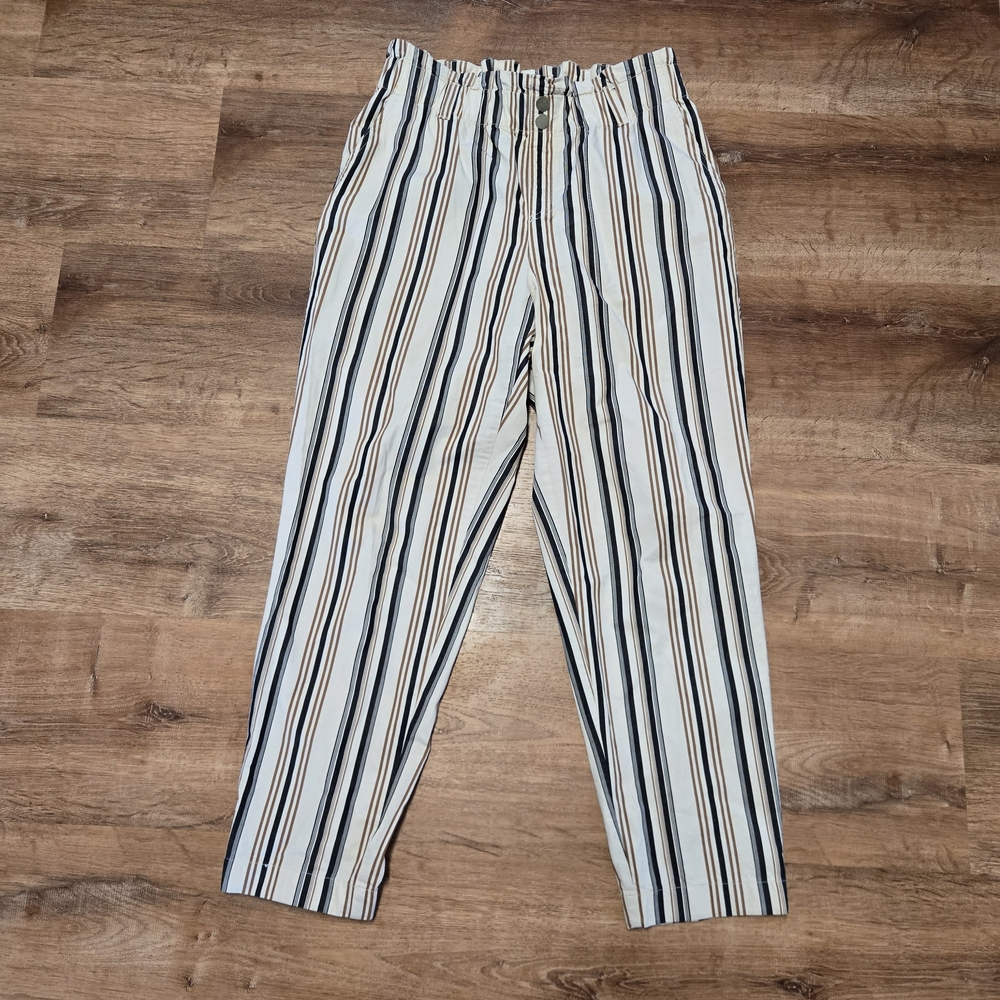 LOFT Cream Pants with Navy & Tan Vertical Stripes Medium